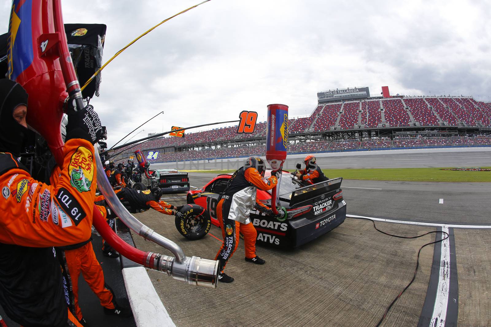 Martin Truex Jr. (19) makes a pit stop for the GEICO 500 at Talladega Superspeedway in Lincoln, Alabama.