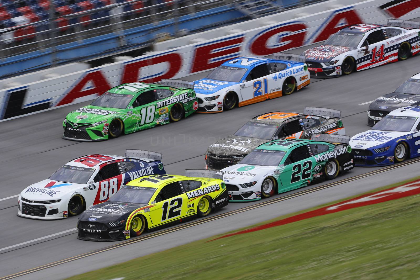 Ryan Blaney (12) races down the dogleg during the GEICO 500 at Talladega Superspeedway in Lincoln, Alabama.