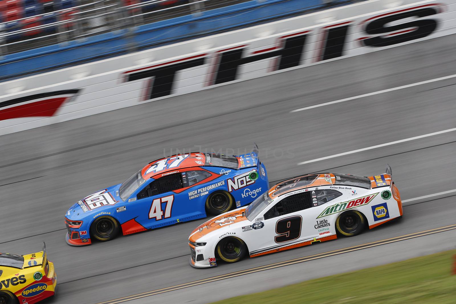 Chase Elliott (9) races down the dogleg during the GEICO 500 at Talladega Superspeedway in Lincoln, Alabama.