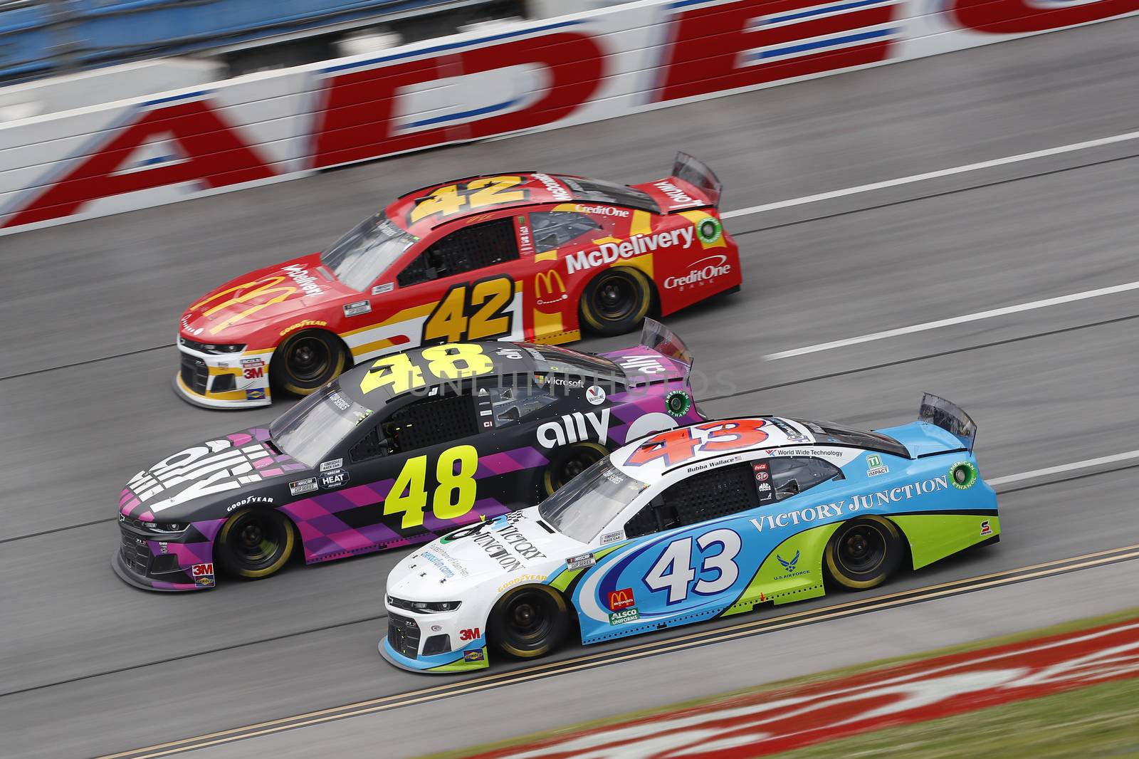 Darrell Wallace, Jr (43) races down the dogleg during the GEICO 500 at Talladega Superspeedway in Lincoln, Alabama.