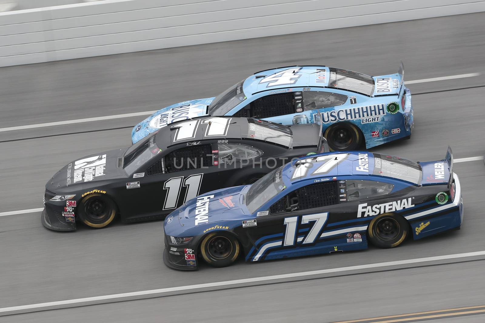 Chris Buescher (17) races down the dogleg during the GEICO 500 at Talladega Superspeedway in Lincoln, Alabama.