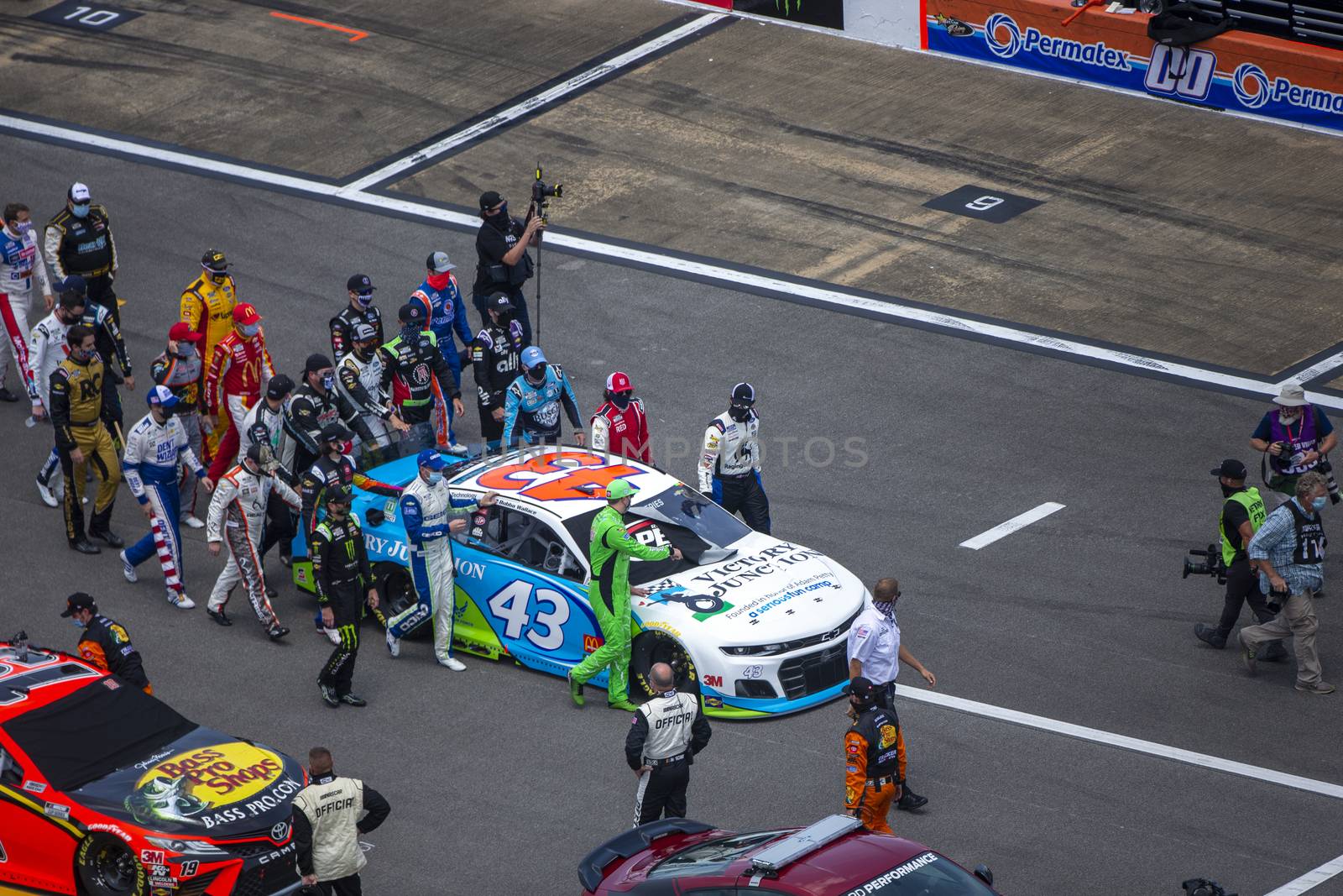 NASCAR Monster Enegry Cup Series push Darrell Wallace, Jr (43) to the front of the field for the GEICO 500 at Talladega Superspeedway in Lincoln, Alabama.