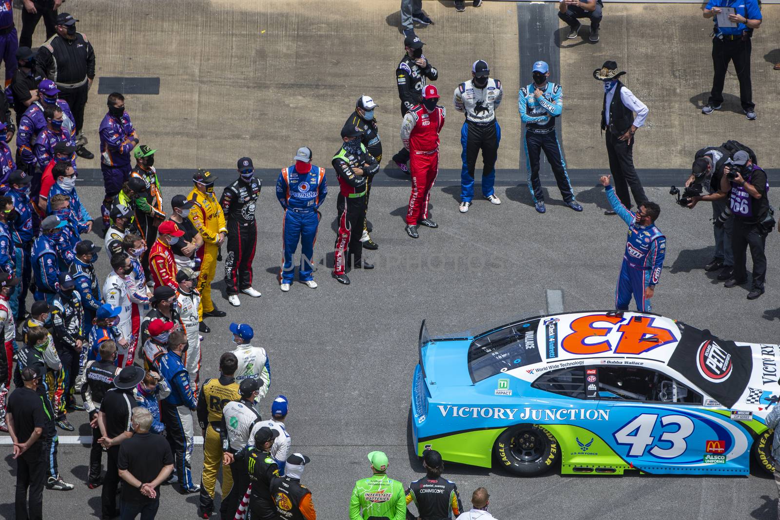 Darrell Wallace, Jr (43) gets pushed to the front of the field for the GEICO 500 at Talladega Superspeedway in Lincoln, Alabama.