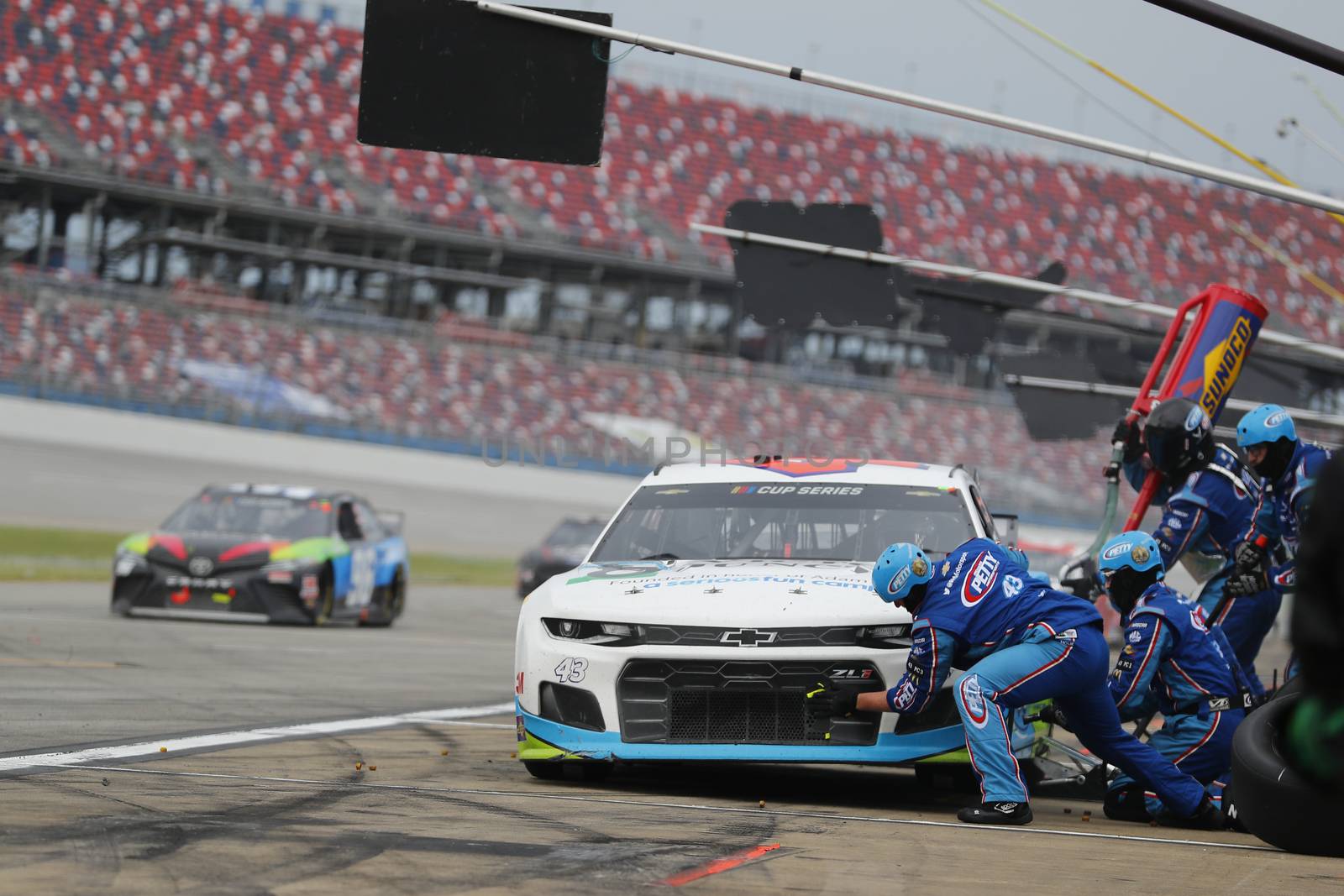 Darrell Wallace, Jr (43) makes a pit stop for the GEICO 500 at Talladega Superspeedway in Lincoln, Alabama.
