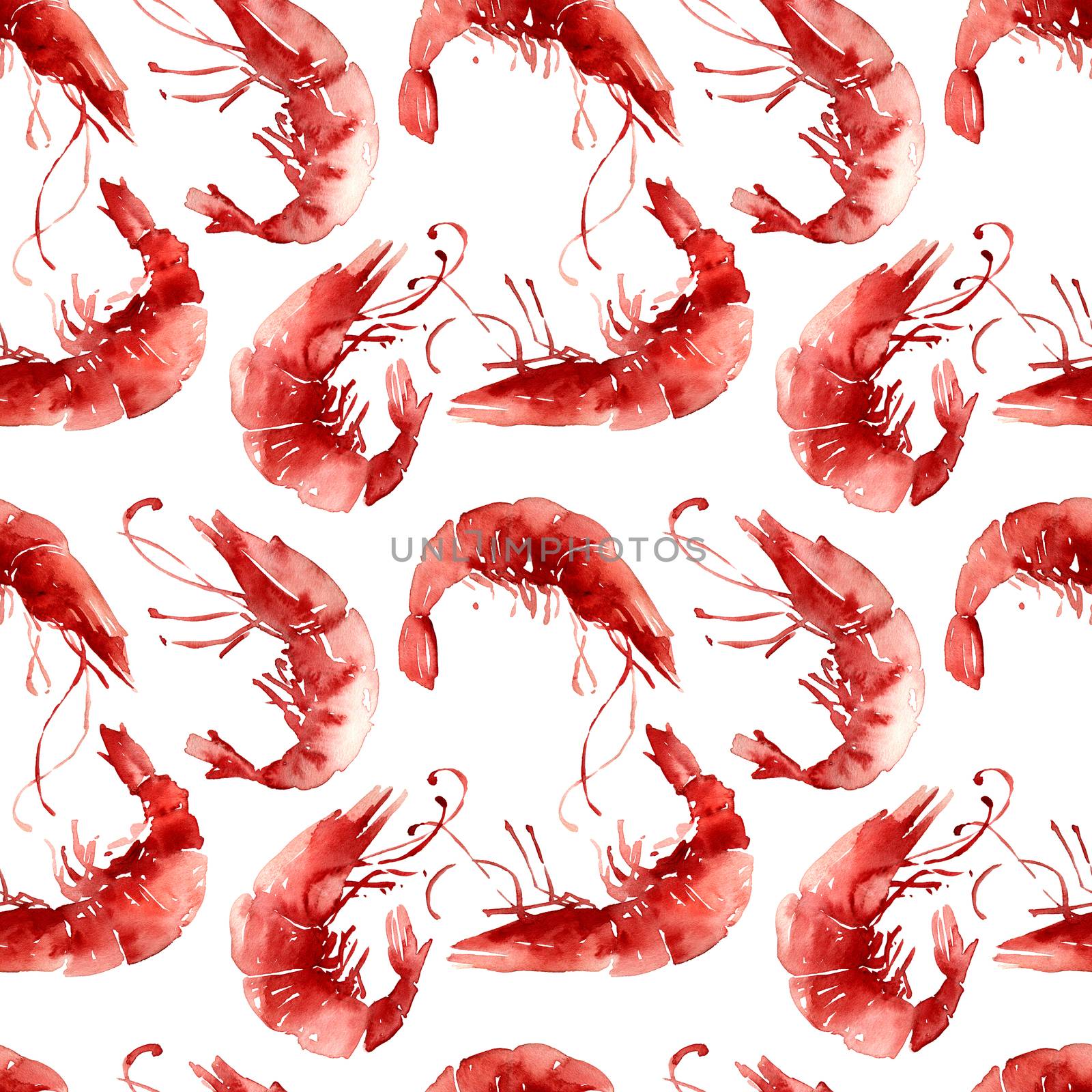 Watercolor illustration of big shrimps. Seamless pattern.