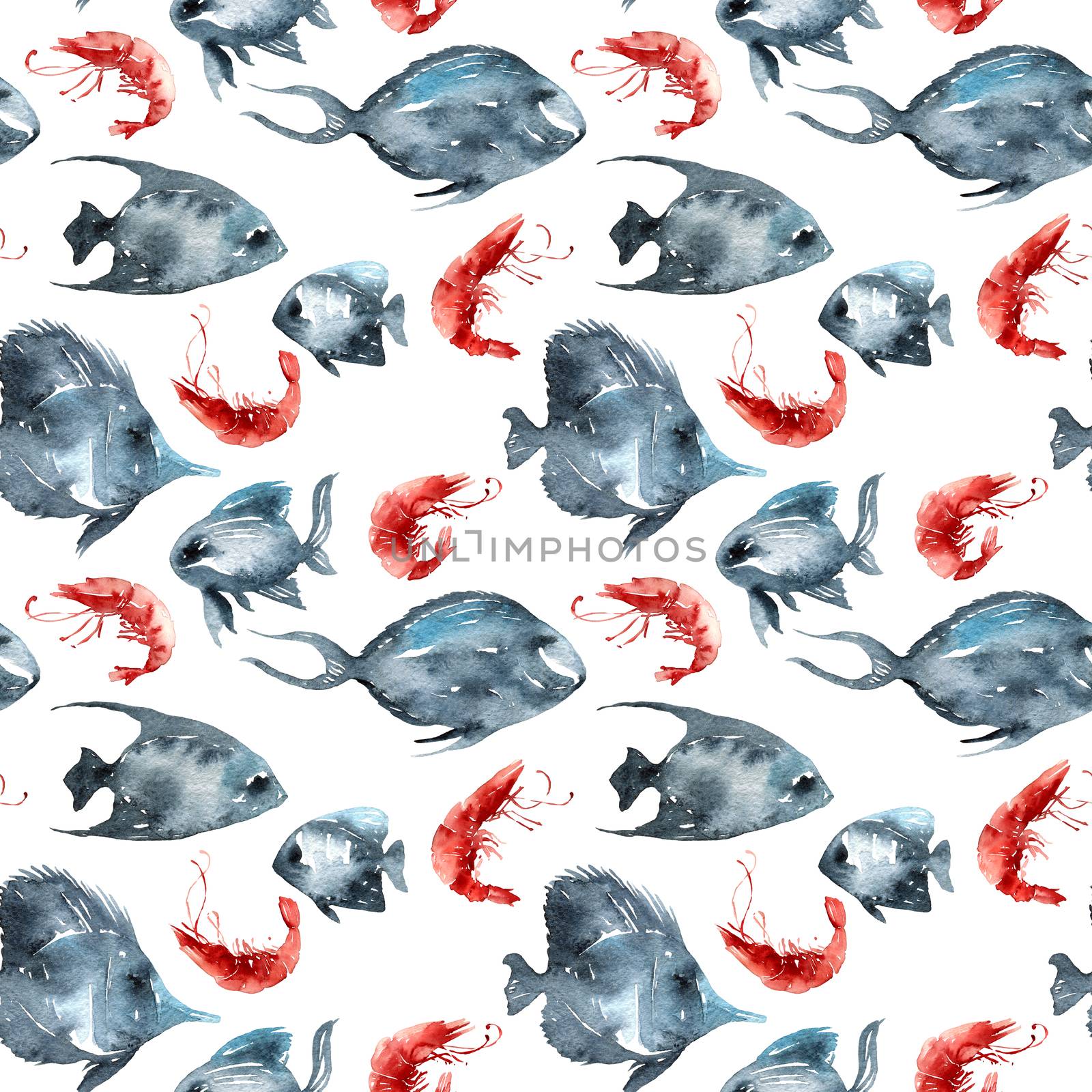 Watercolor illustration of fishes and shrimps. Seamless pattern.