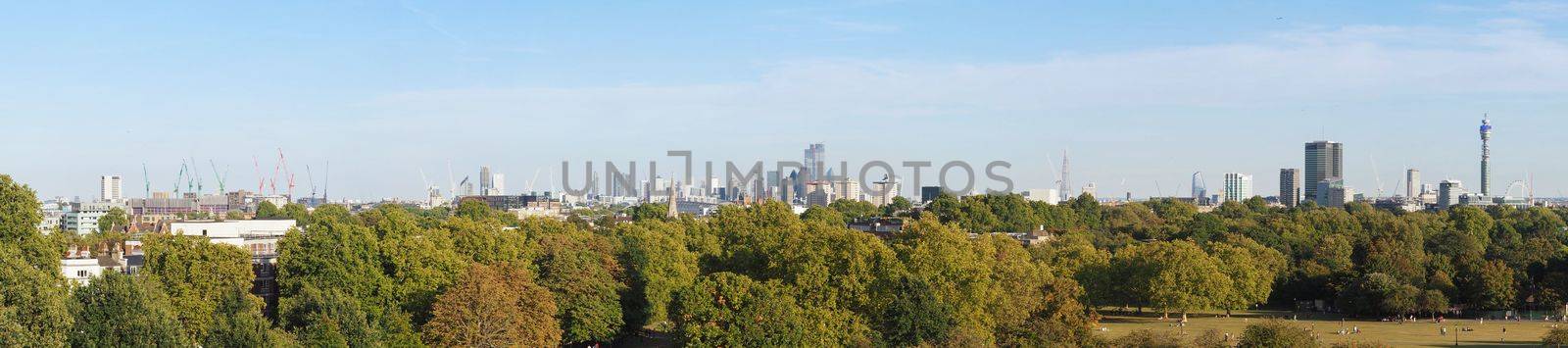 LONDON - CIRCA SEPTEMBER 2019: Wide panoramic view of London skyline seen from Primrose Hill, high resolution