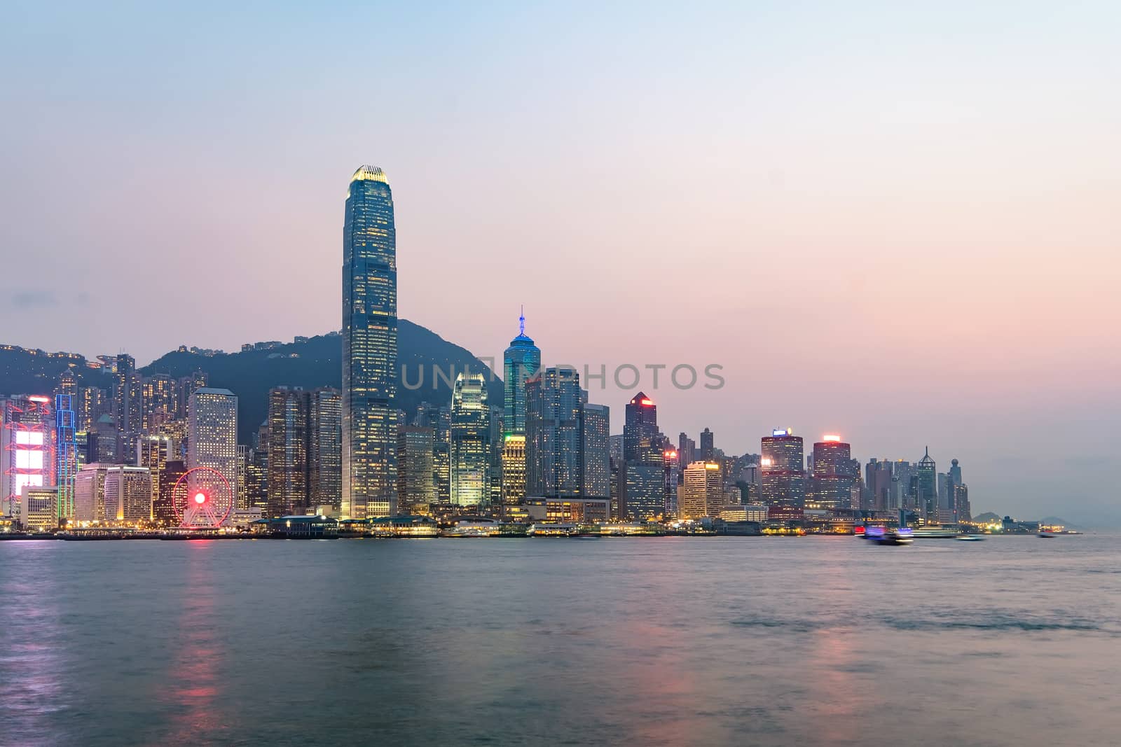 Hong Kong skyline on the evening seen from Kowloon, Hong Kong, China.