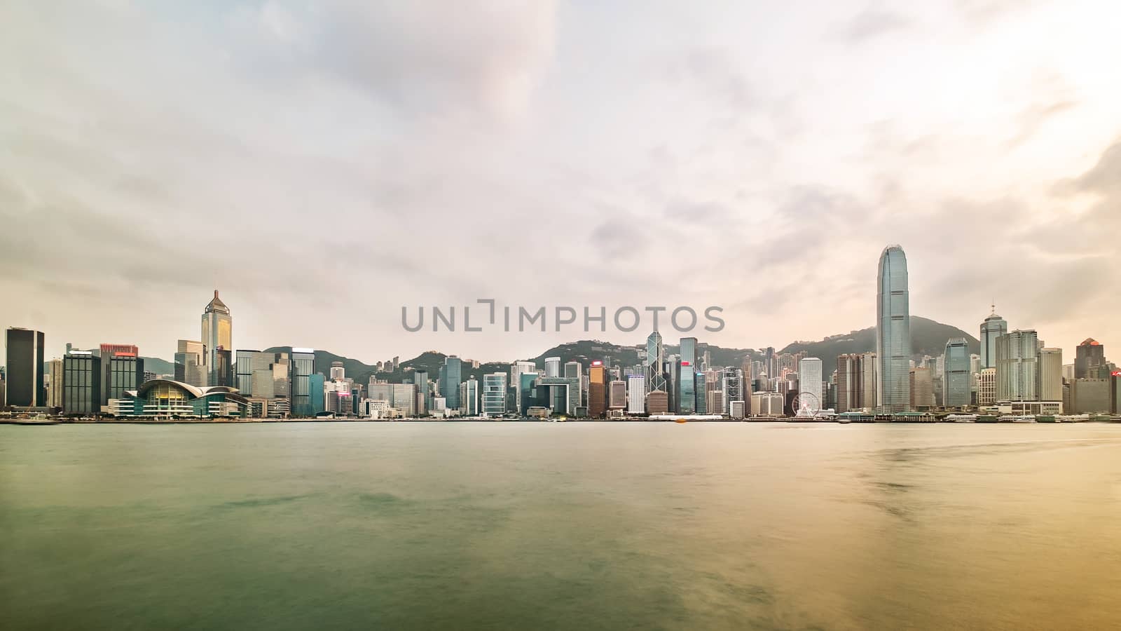 Hong Kong skyline before sunset seen from Kowloon, Hong Kong, China.