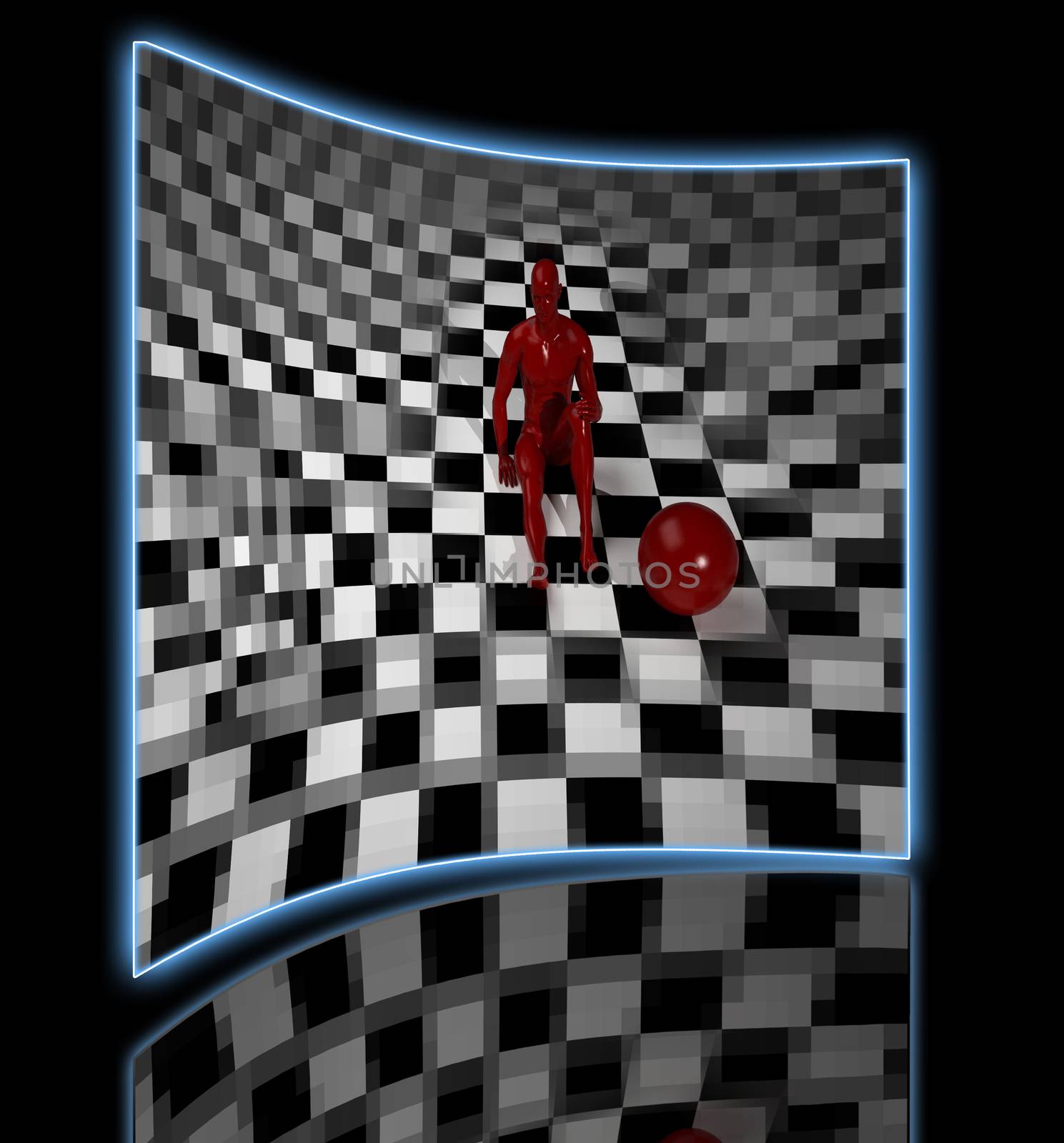 Checkered composition with man end ball   made in 3d