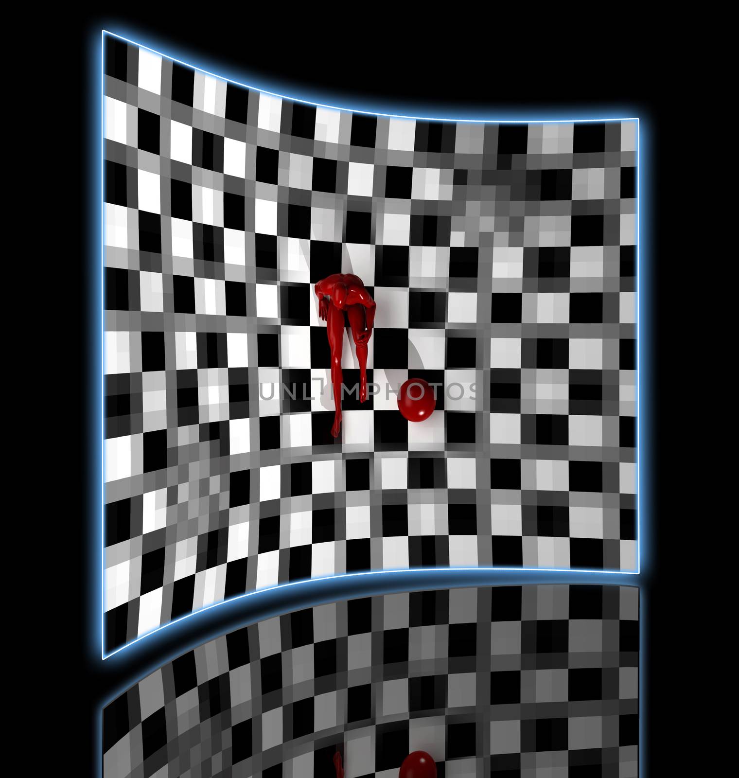 Checkered composition with man end ball   made in 3d