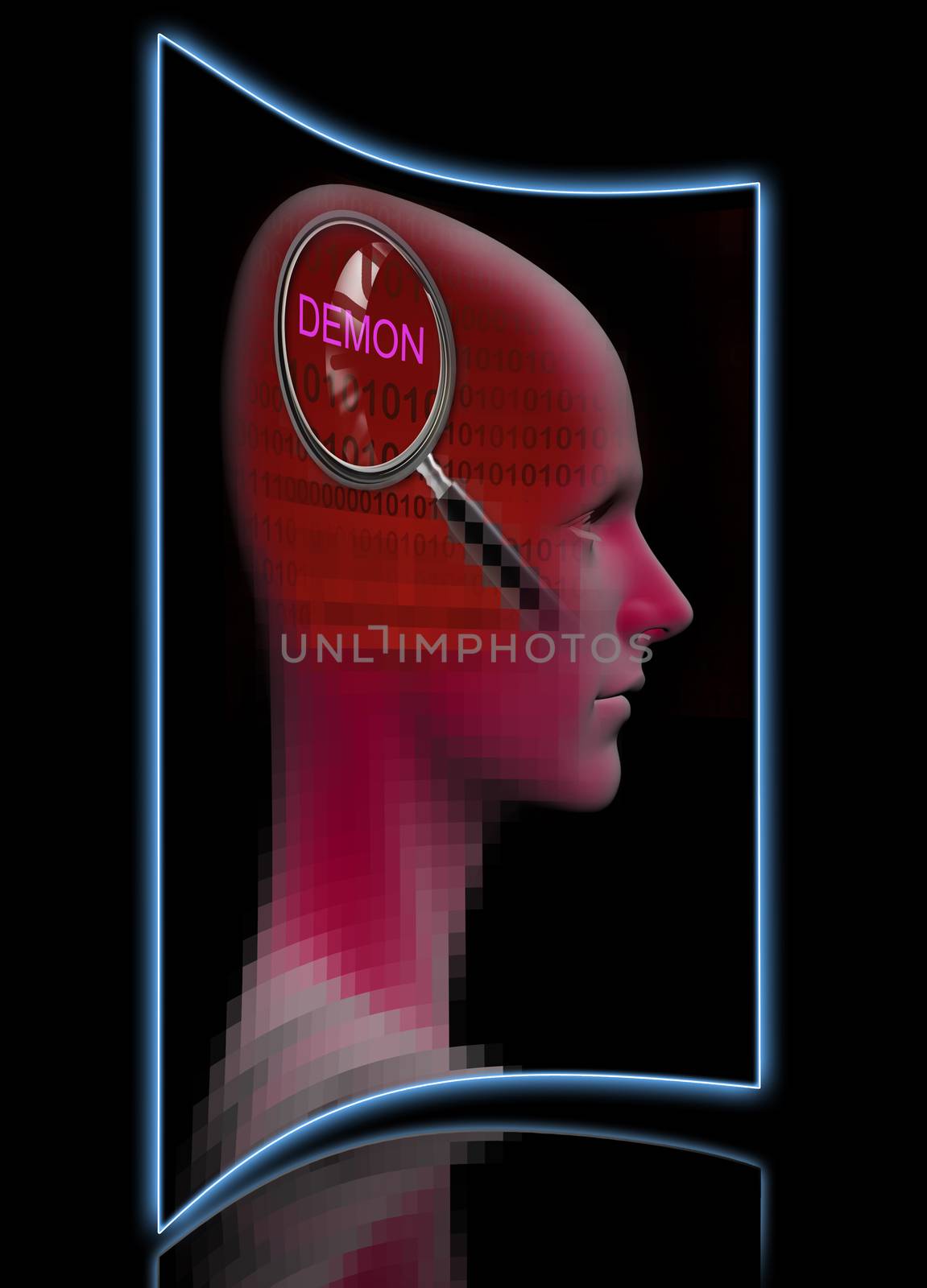 profile of a man with close up of magnifying glass on DEMON   made in 3d software