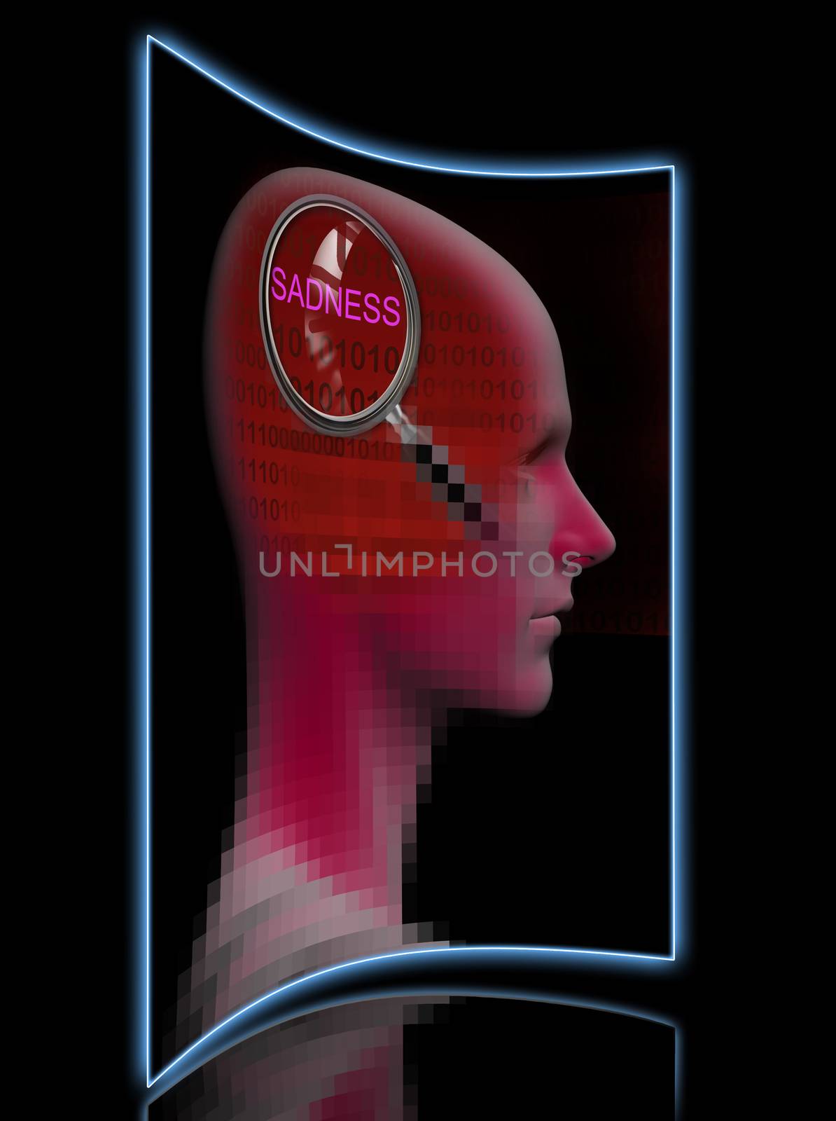 profile of a man with close up of magnifying glass on SADNESS  made in 3d software