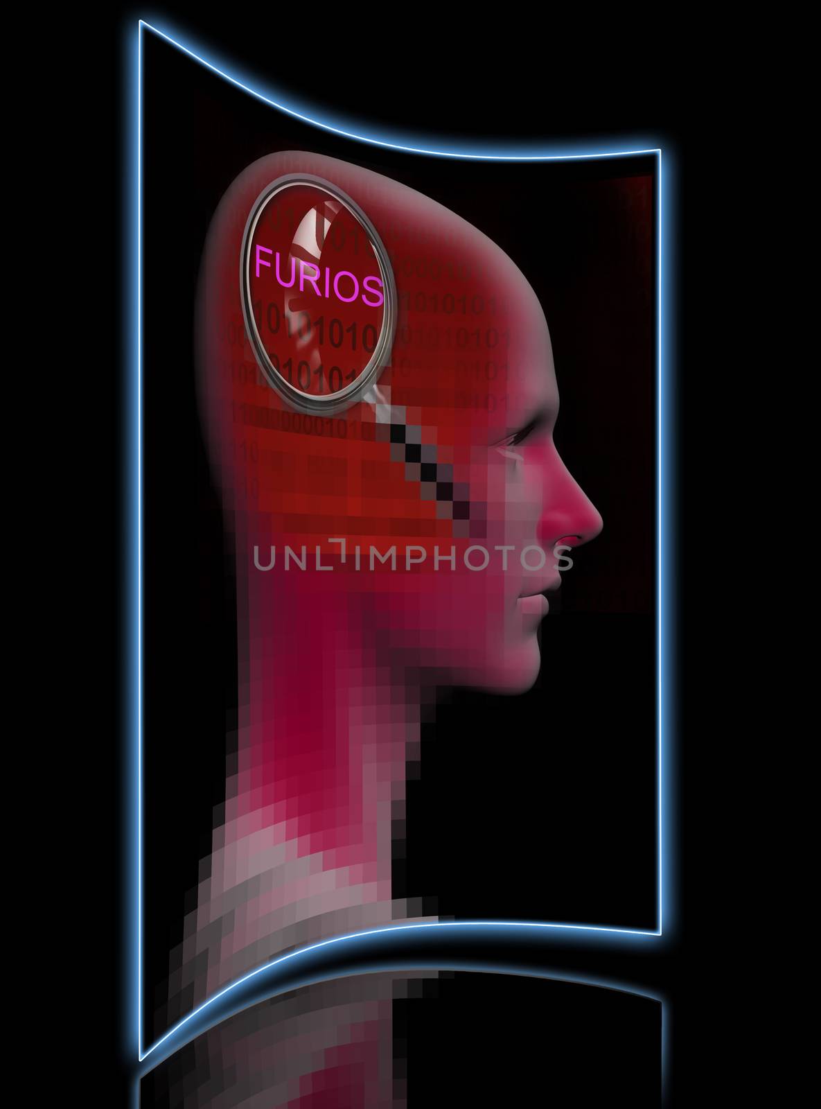profile of a man with close up of magnifying glass on FURIOSS  made in 3d software