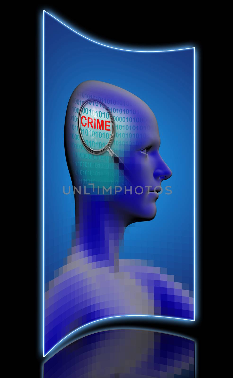 profile of a man with close up of magnifying glass on crime   made in 2d software