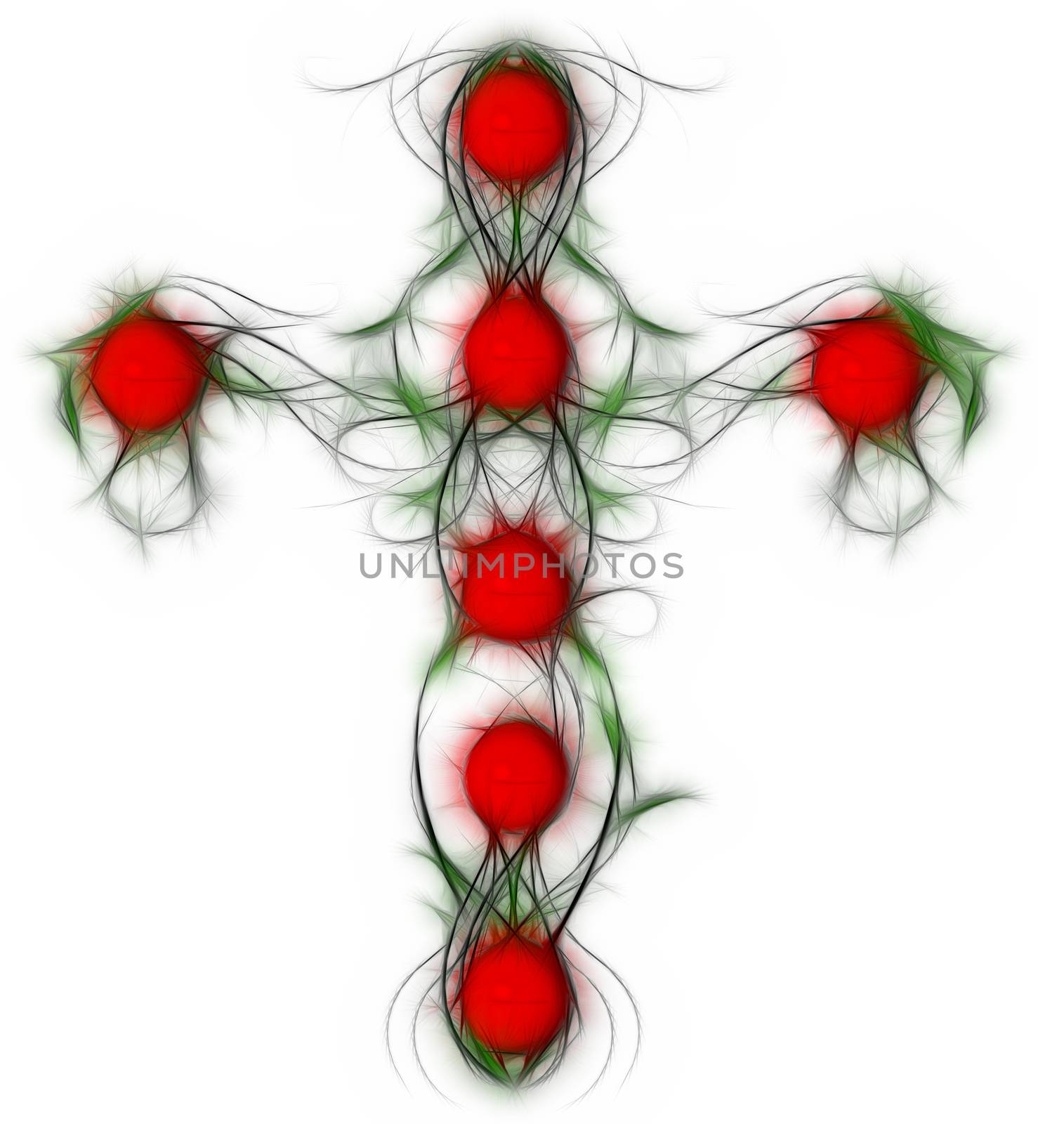 Green Floral Crosswith red ball  on white