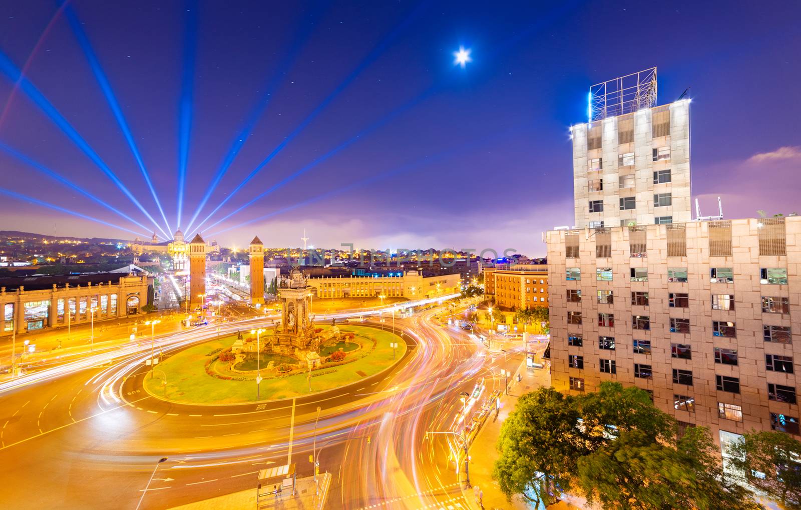 Night panorama of Barcelona, view of the central square (Plaça d'Espanya), Spain
