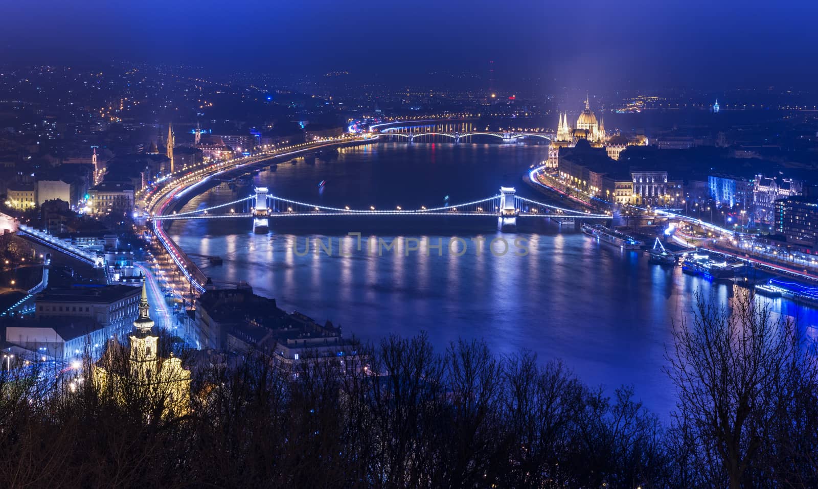 Night aerial panorama of Budapest, popular tourist destination in Europe, Hungary
