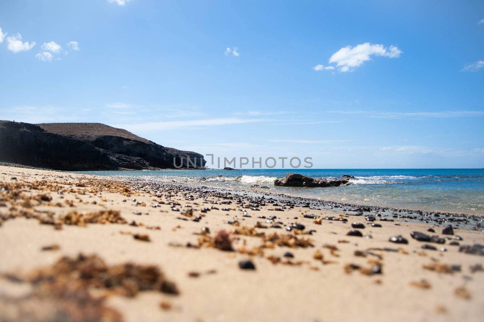 Lonely beach with volcanic dark stones and seaweed on it. Blue sky and a dark cliff on the background