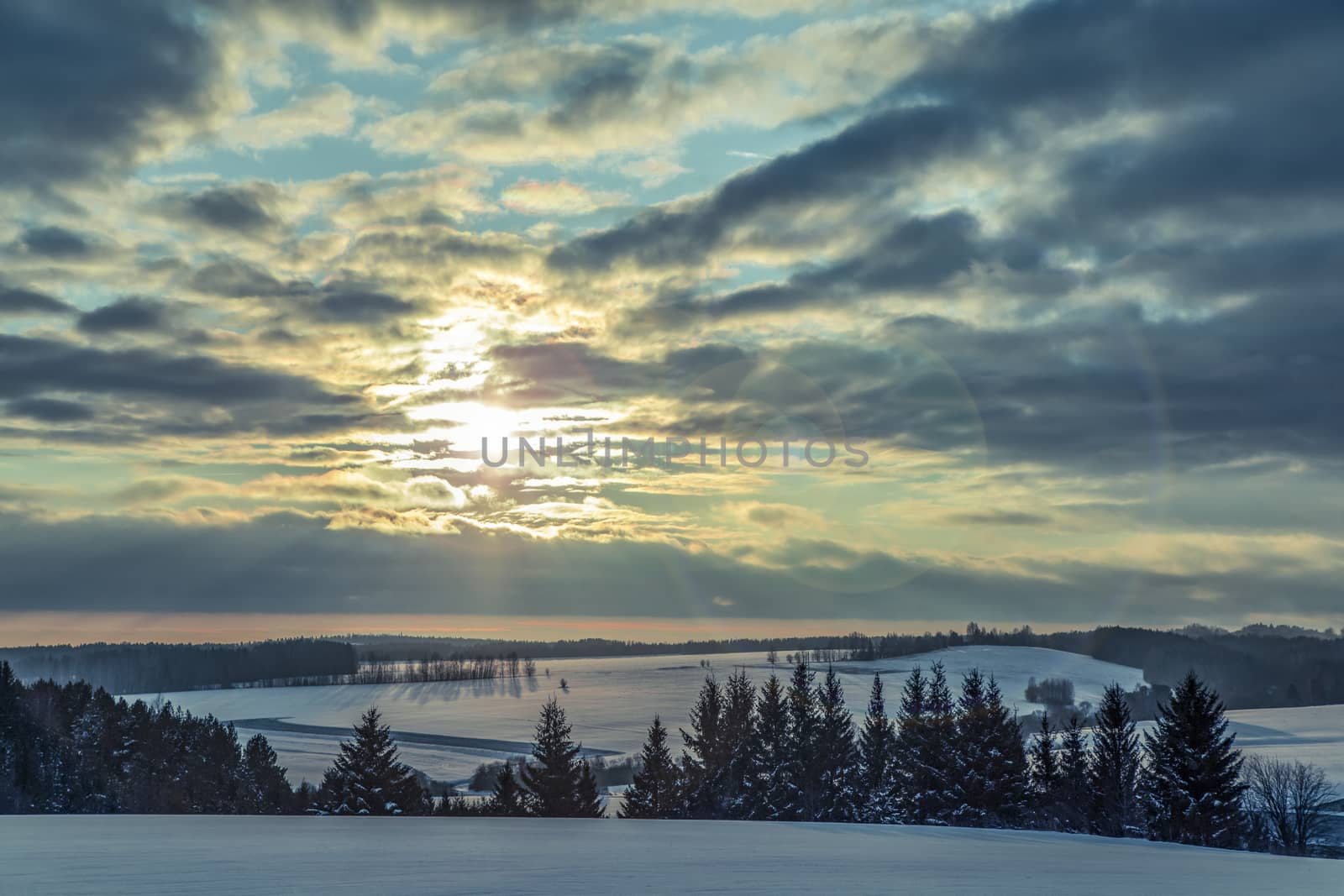 Sunrise over the snowy plain of central Russia