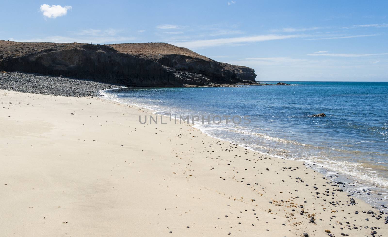 Lonely beach in Fuerteventura island. Dark stones and seaweed on it. Blue sky and a dark cliff on the background