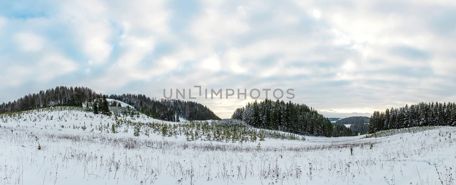 Cloudy sky over the snowy plain of central Russia