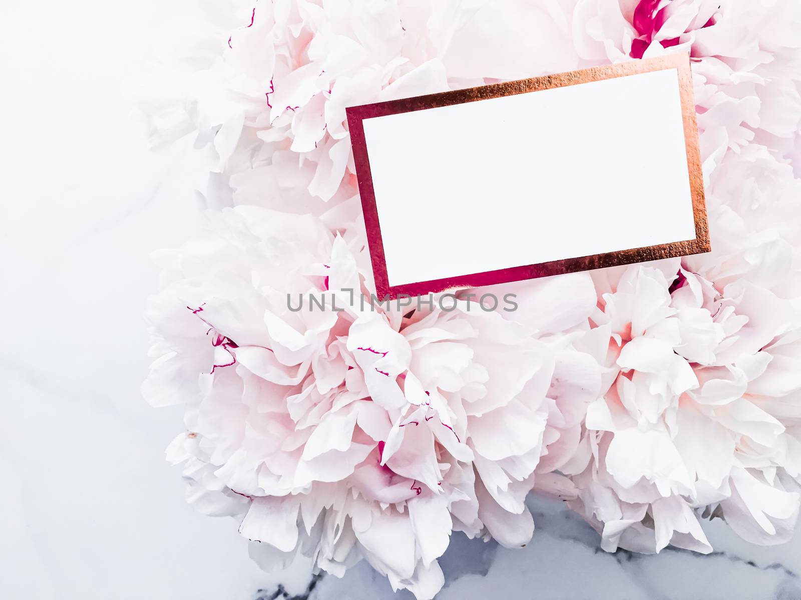 Glamorous business card or invitation mockup and bouquet of peony flowers, wedding and event branding design