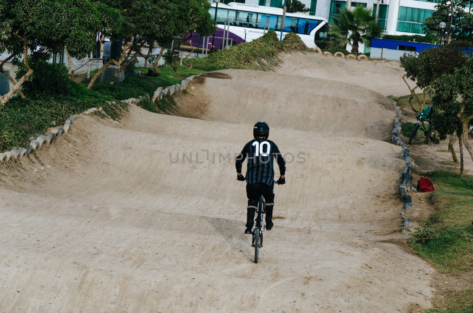 Chico Biker practicing at the Miraflores skatepark, Lima - Peru