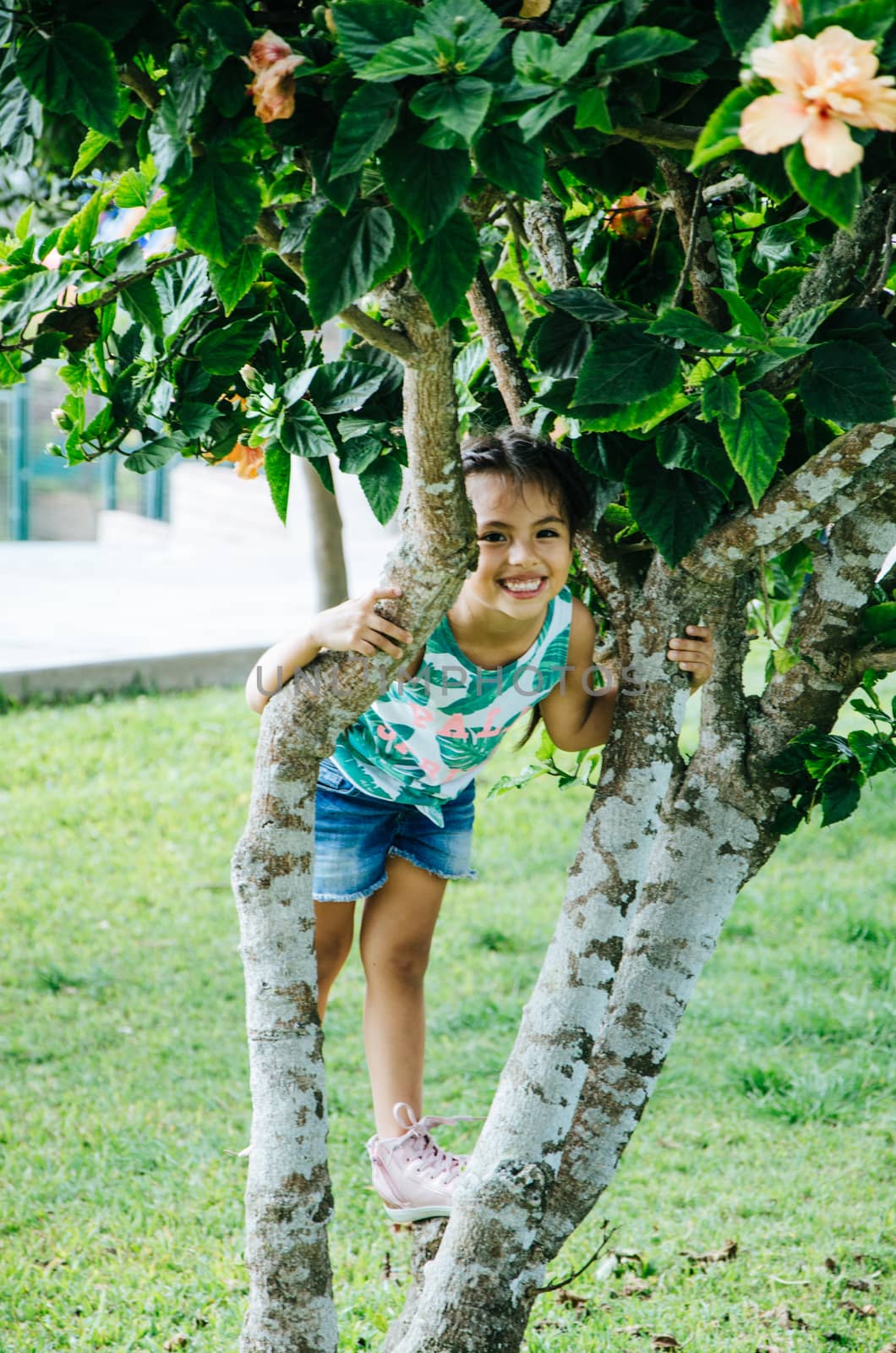 Happy girl hanging from a tree smiling