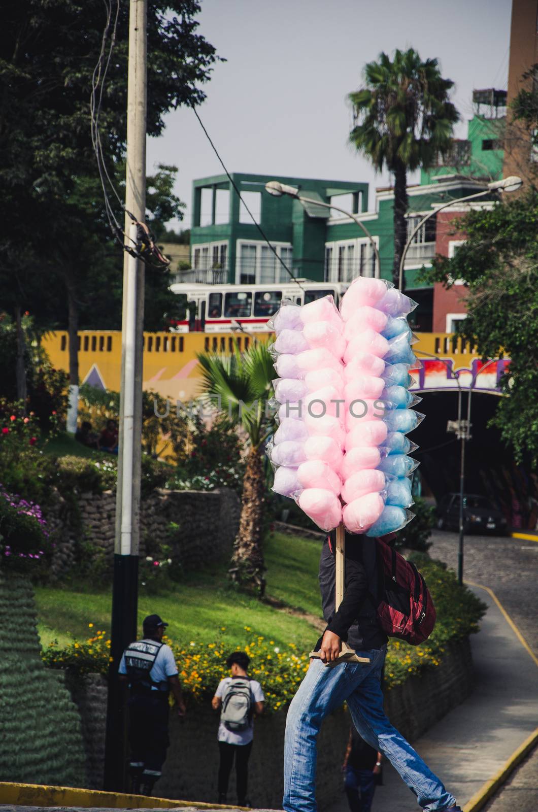 Sweet cotton seller walking the streets of Barranco, Lima - Peru