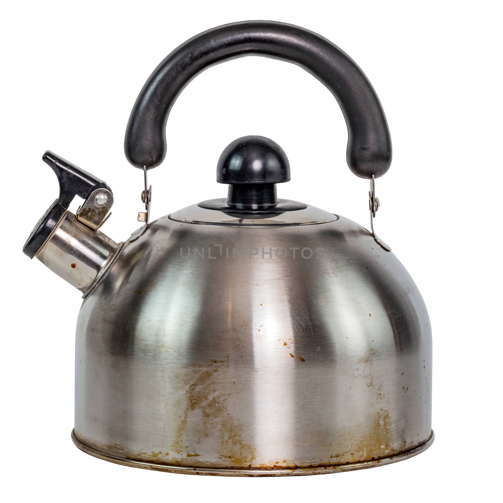 white dirty stainless steel kettle with whistle isolated on a white background by z1b