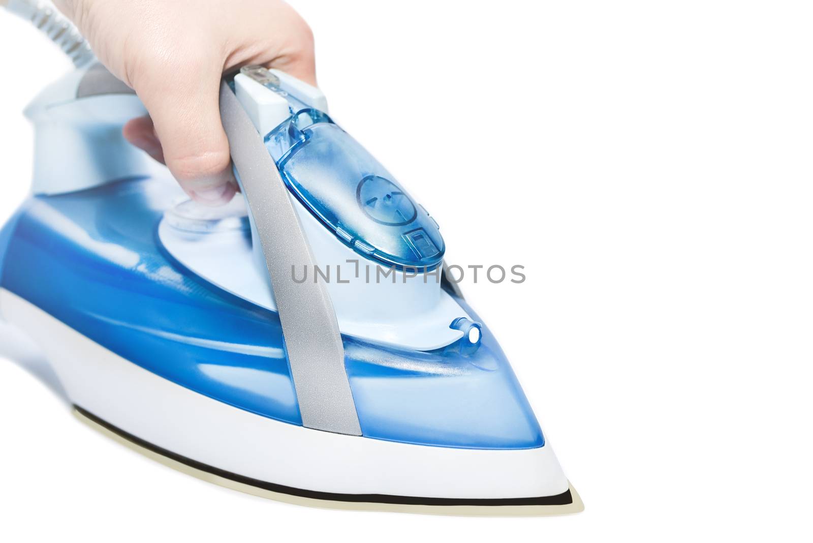 Hand of a man holding an iron on a white background isolated. close up