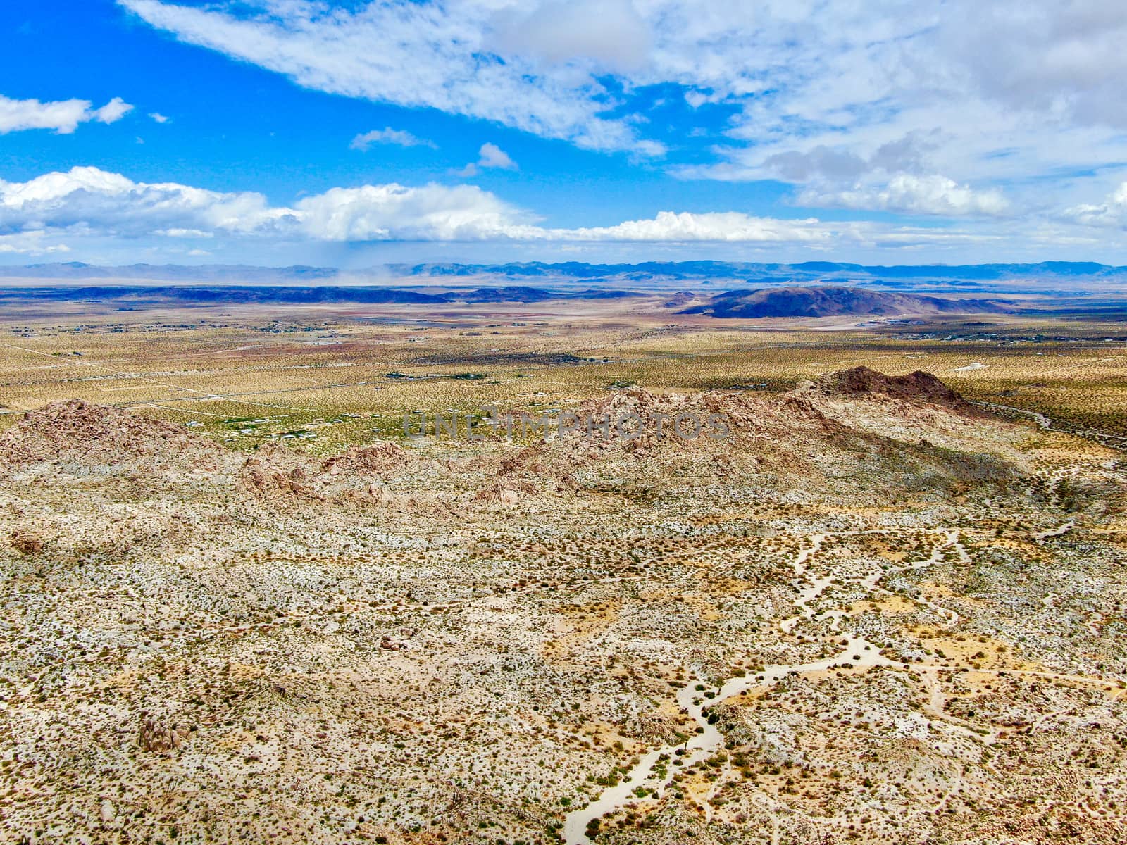 Aerial view of Joshua Tree National Park. American national park in southeastern California. Panoramic view of Arid desert.