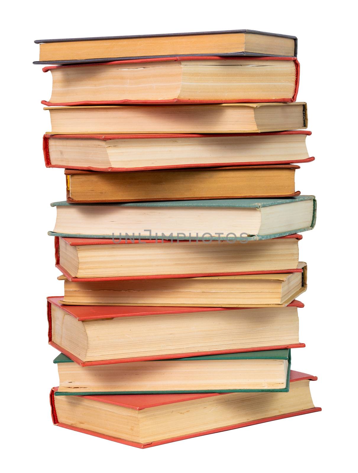 abstract old paper books stack isolated on white background, close-up.