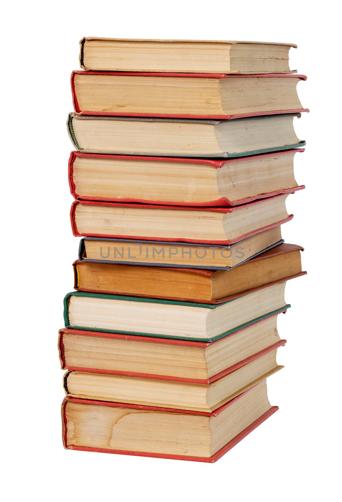 old books stack isolated on white background, close-up.