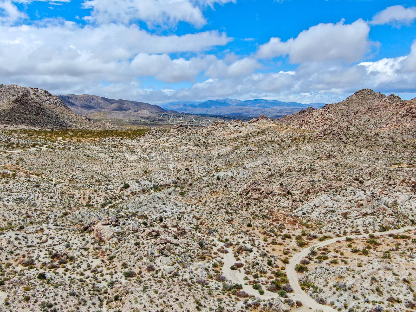 Aerial view of Joshua Tree National Park. American national park in southeastern California. Panoramic view of Arid desert.