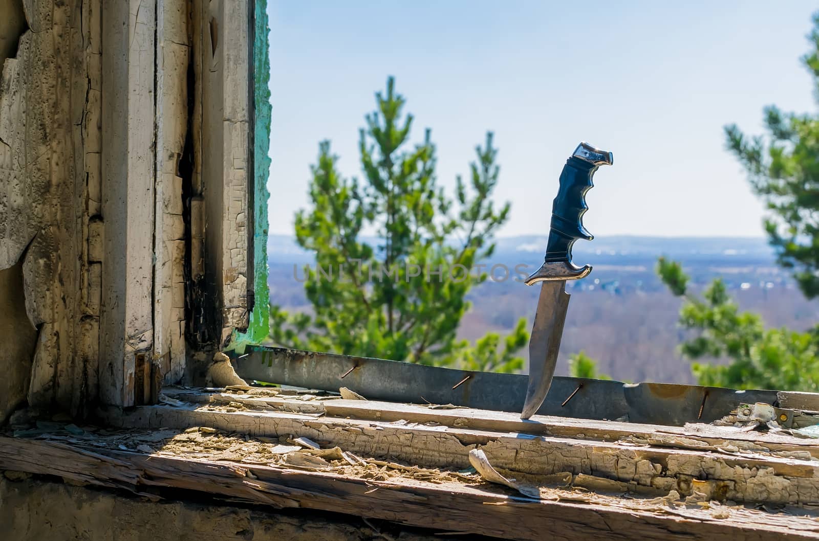a terrible old combat knife stuck in the ruined window sill of an abandoned house on the background of green leaves of a coniferous tree and outline the village outside the window