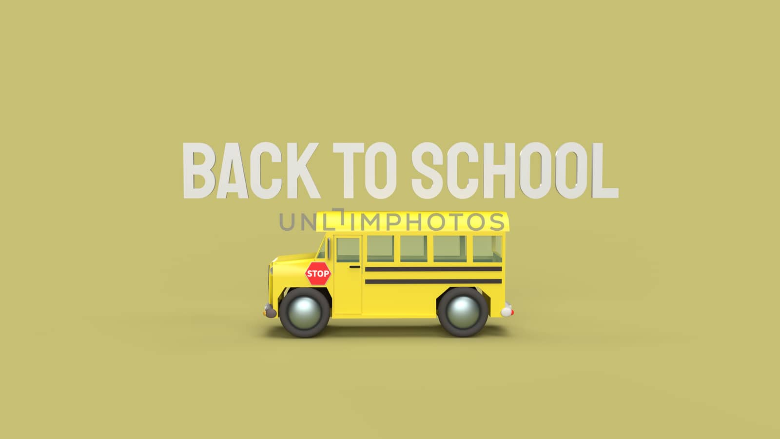 The school bus on yellow background 3d rendering for back to school content.