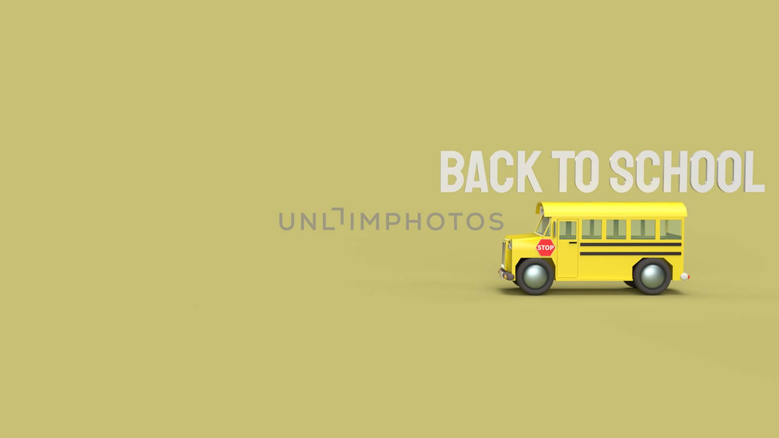 The school bus on yellow background 3d rendering for back to school content.