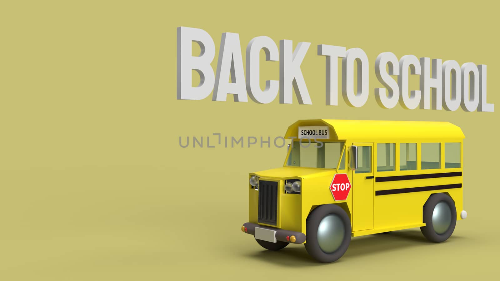 The school bus on yellow background 3d rendering for back to school content.