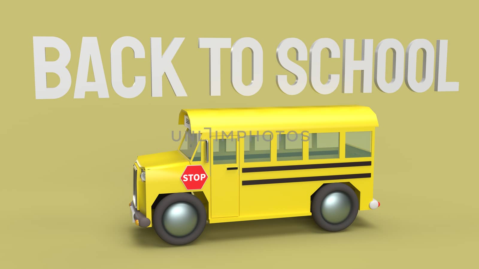 The school bus on yellow background 3d rendering for back to school content.