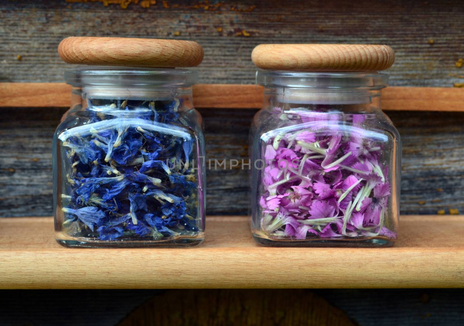 Pink and blue flowers in transparent jars