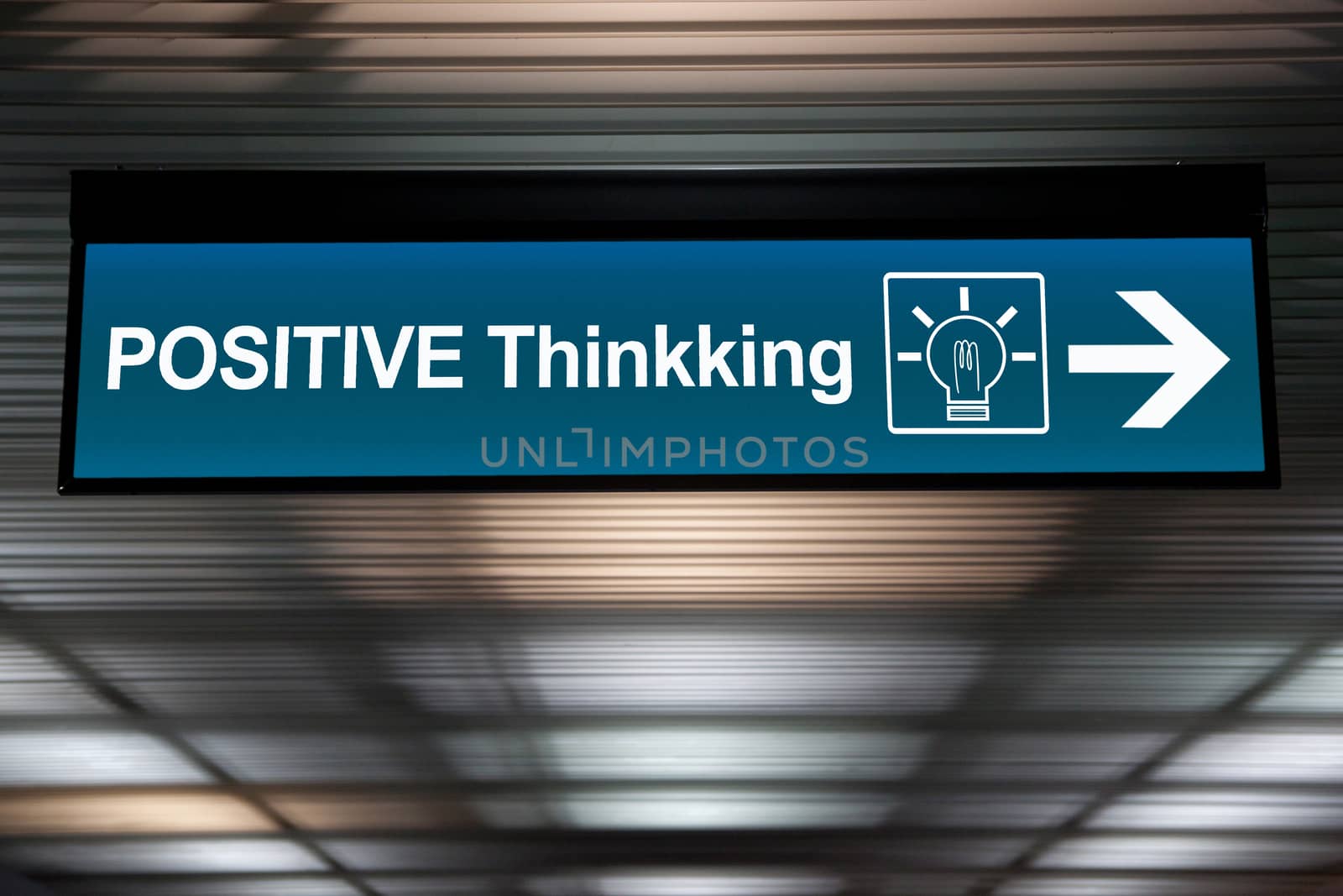 think positive concept. sign positive thinking with lightbulb icon and arrow for direction.