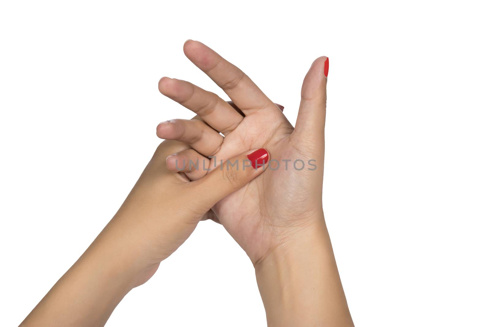 Woman hand finger with red nail. Hand trigger finger lock healthy concept white background