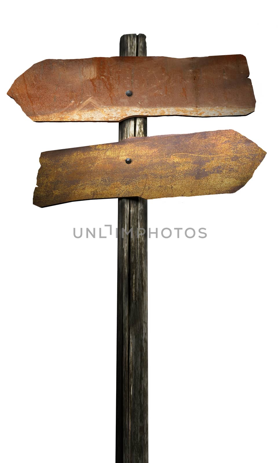 
Blank old directional road metal  sign post over piese of wood