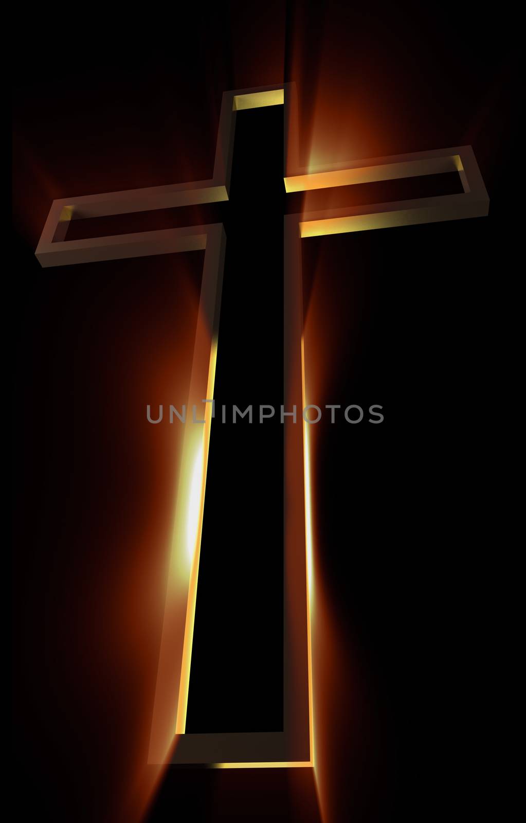 Wooden cross with rays behind on black