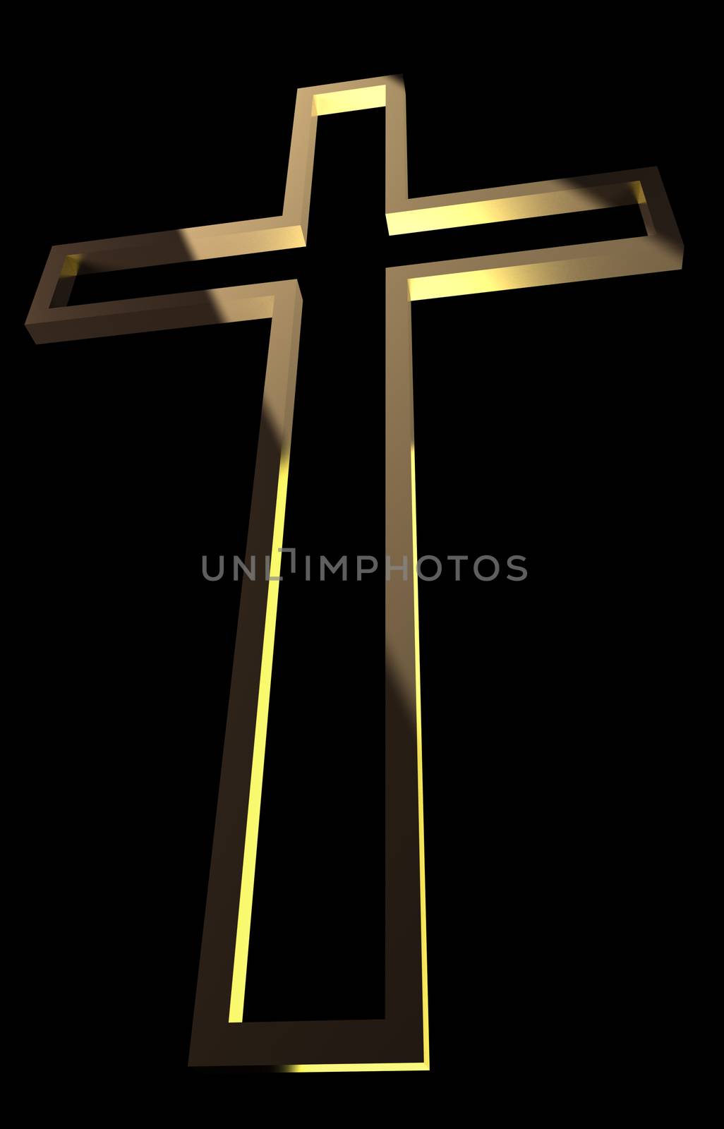 Wooden cross with rays behind on black  made in 3d software