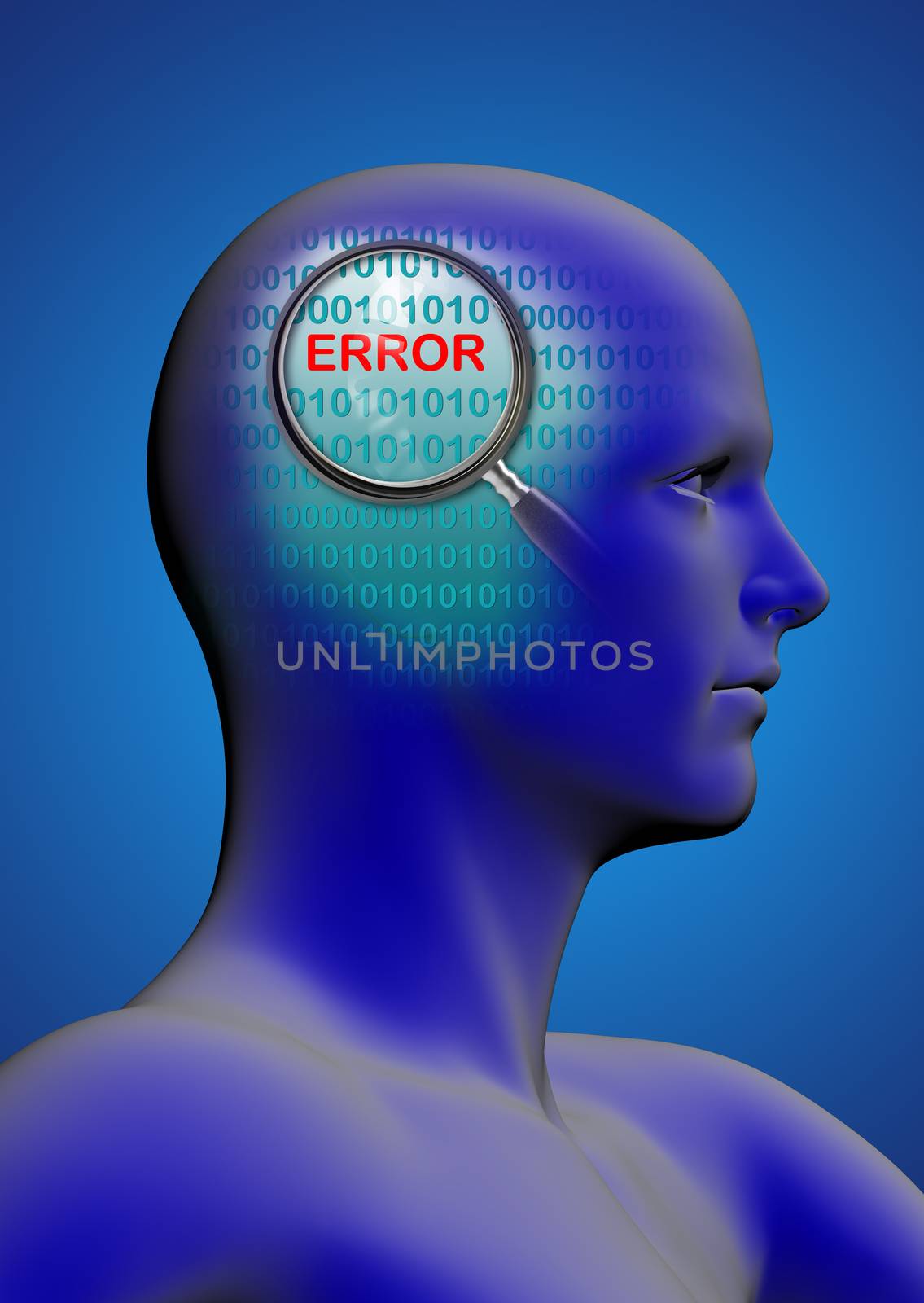 profile of a man with close up of magnifying glass on error by vitanovski