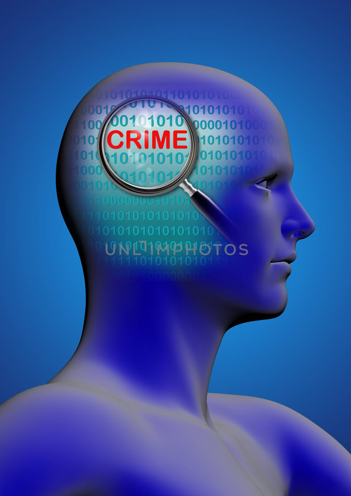 profile of a man with close up of magnifying glass on crime by vitanovski