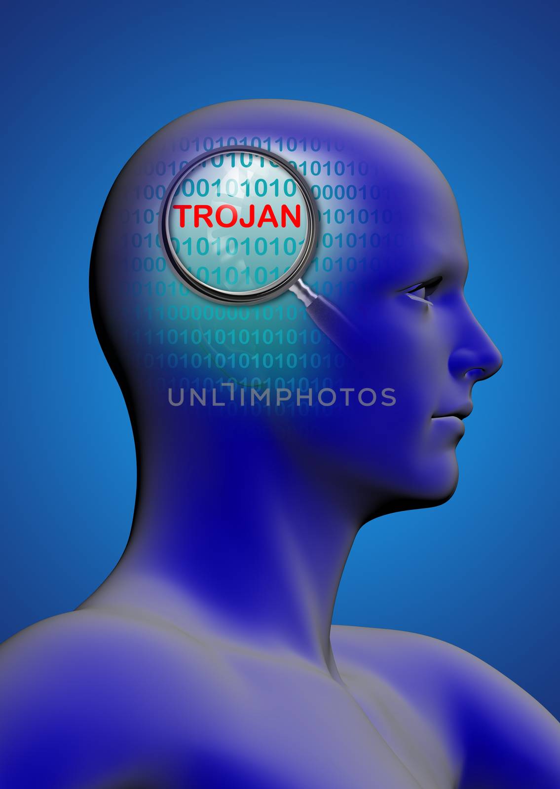 profile of a man with close up of magnifying glass on trojan by vitanovski